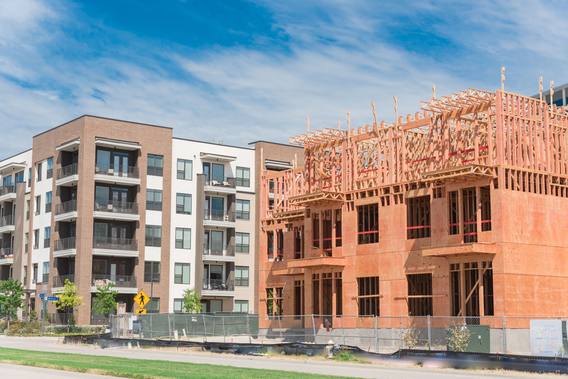 Urban upscale neighborhood with completed and under construction condos near Dallas