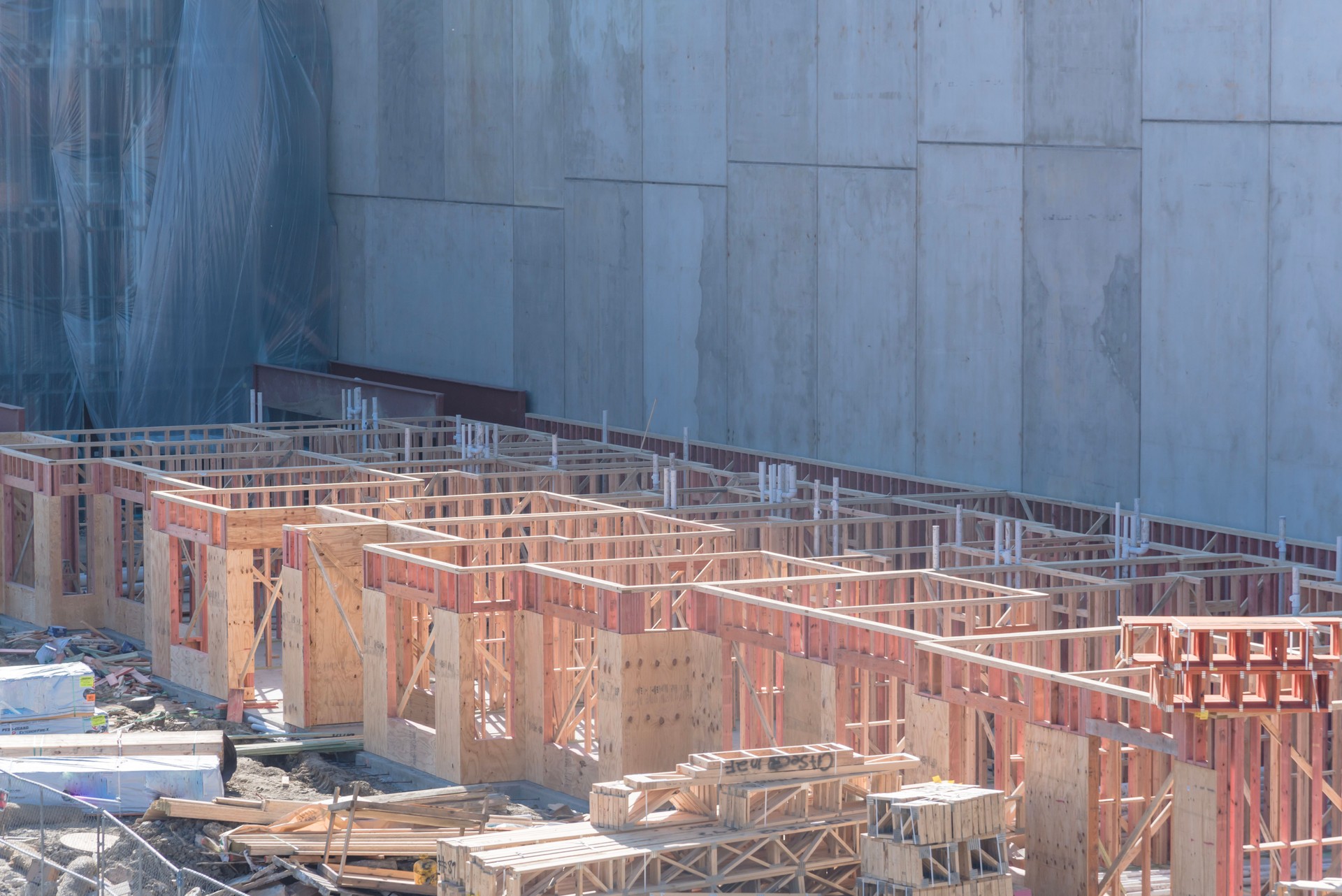 Aerial view foundation of apartment complex wooden timber construction